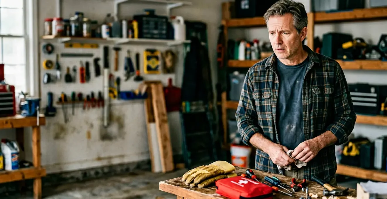 Bricoleur amateur dans un garage résidentiel avec outils et équipement de protection