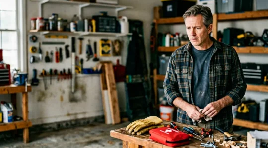 Bricoleur amateur dans un garage résidentiel avec outils et équipement de protection