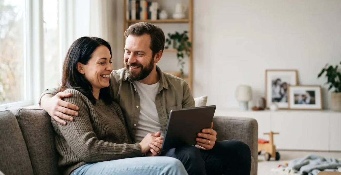 Couple souriant consultant des documents financiers dans leur salon, symbolisant l'économie réalisée grâce au changement d'assurance de prêt