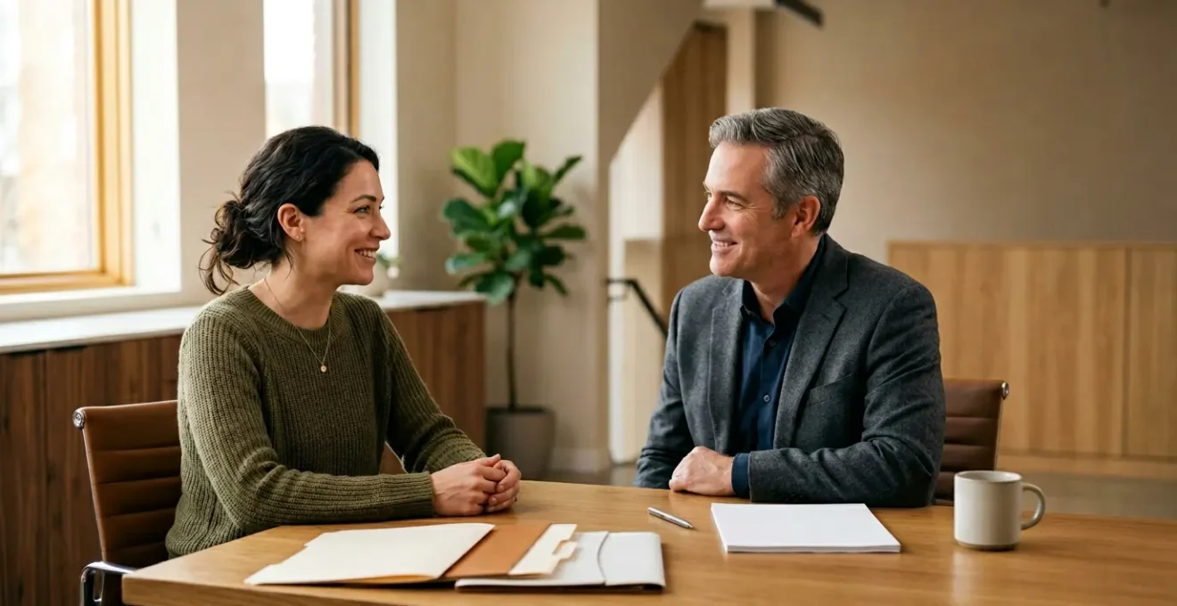 Personne consultant un professionnel juridique dans un bureau lumineux pour résoudre un conflit