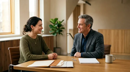 Personne consultant un professionnel juridique dans un bureau lumineux pour résoudre un conflit