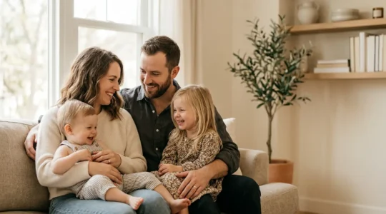 Couple de trentenaires avec leurs enfants dans un environnement familial chaleureux symbolisant la protection et la sécurité financière