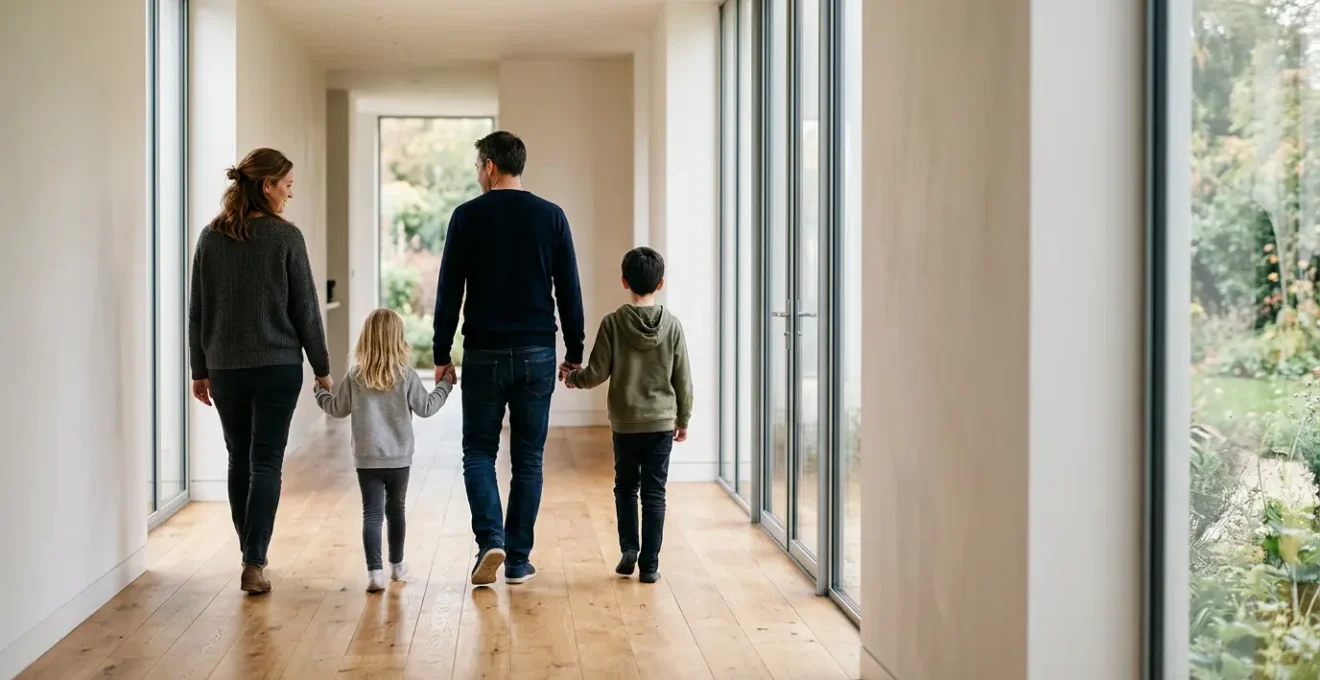 Une famille de quatre personnes dans un environnement sécurisé symbolisant la protection financière