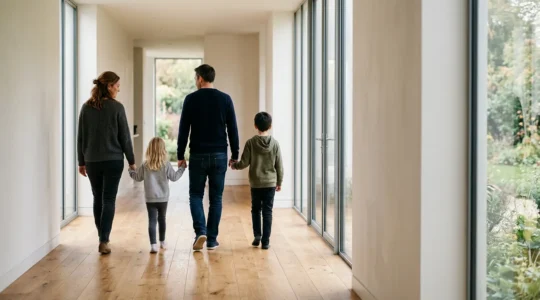 Une famille de quatre personnes dans un environnement sécurisé symbolisant la protection financière