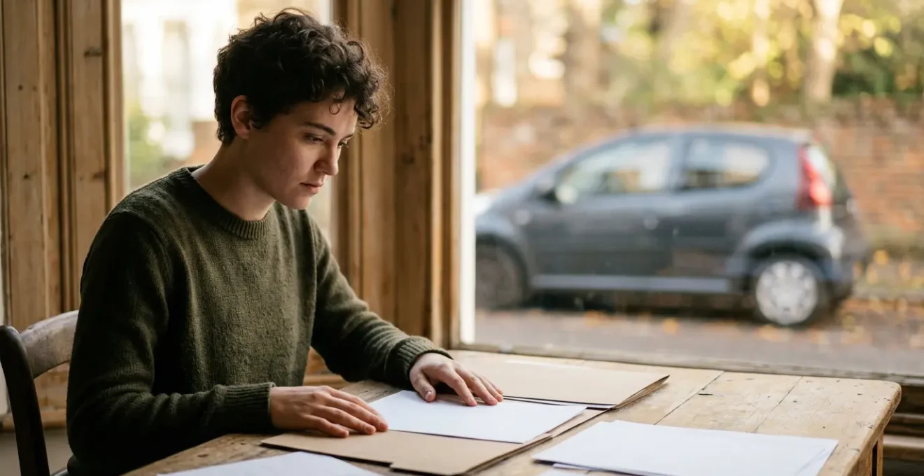 Jeune conducteur face aux défis de l'assurance automobile avec documents et véhicule en arrière-plan
