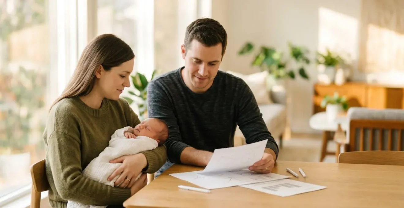 Parents planifiant l'avenir financier de leur enfant avec sérénité