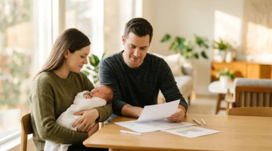 Parents planifiant l'avenir financier de leur enfant avec sérénité