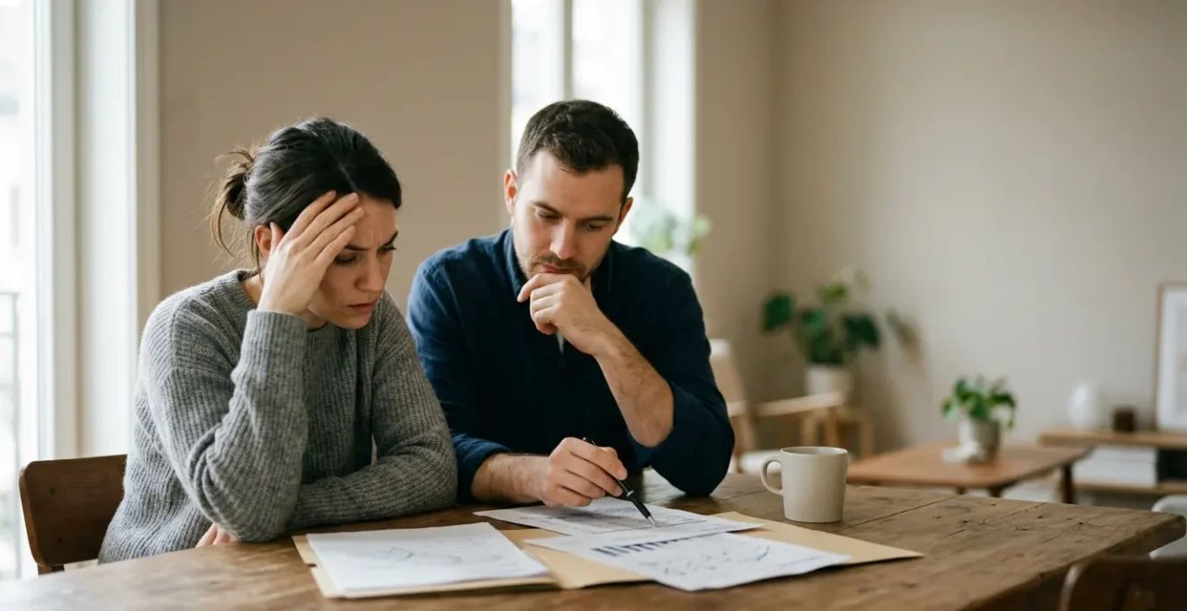 Couple préoccupé examinant des documents financiers dans un environnement domestique avec une lumière naturelle douce