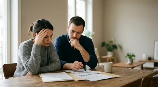 Couple préoccupé examinant des documents financiers dans un environnement domestique avec une lumière naturelle douce