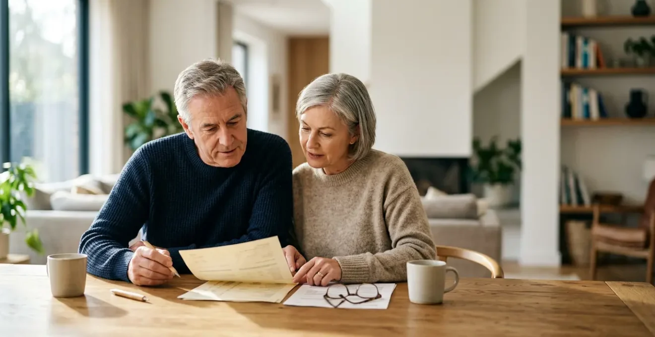 Couple mature consultant des documents patrimoniaux dans un environnement domestique calme et lumineux