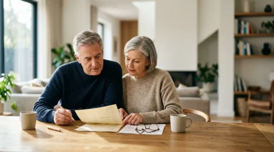 Couple mature consultant des documents patrimoniaux dans un environnement domestique calme et lumineux