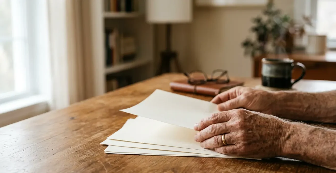 Scène contemplative montrant les mains d'une personne senior tenant délicatement des documents financiers dans une lumière naturelle douce