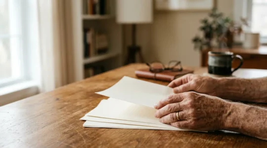 Scène contemplative montrant les mains d'une personne senior tenant délicatement des documents financiers dans une lumière naturelle douce