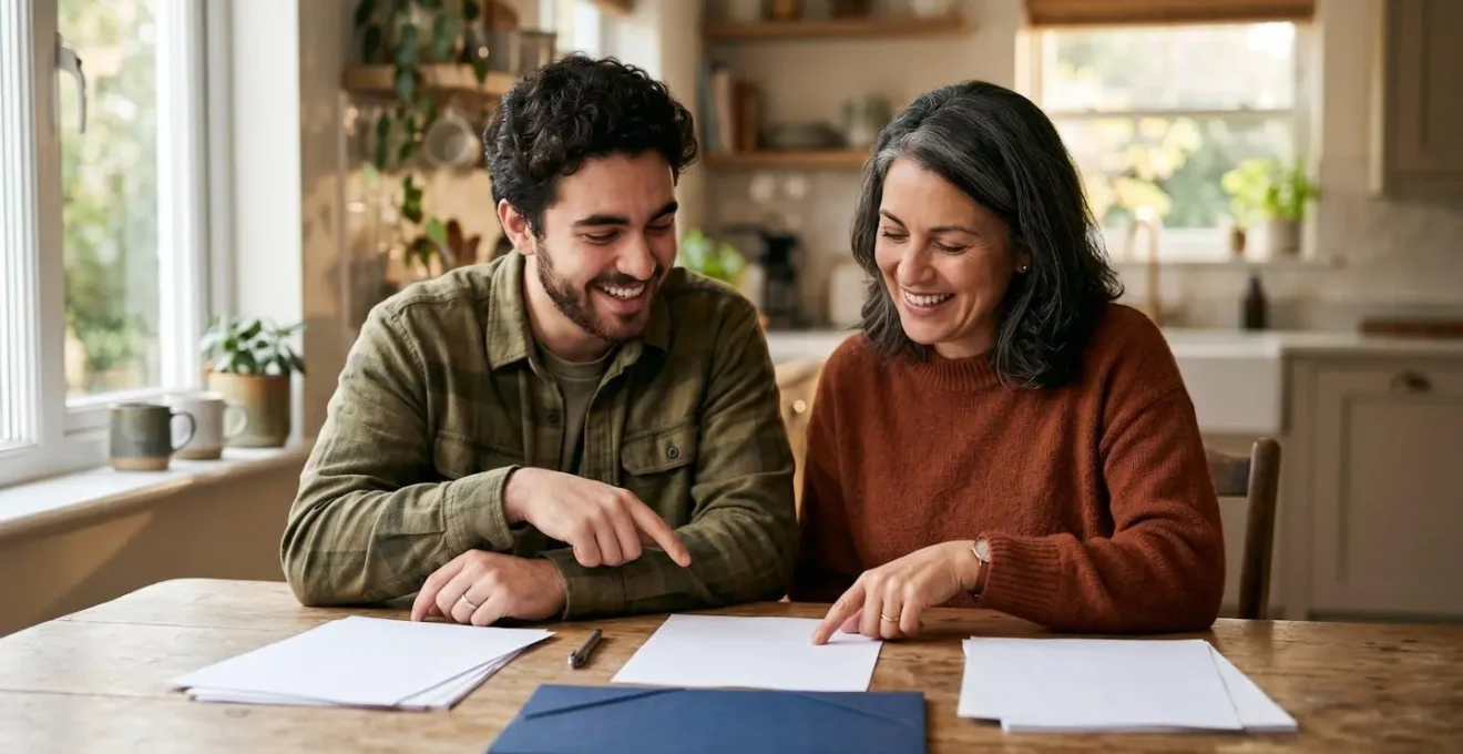 Parent et jeune adulte discutant ensemble de documents d'assurance automobile dans un cadre familial chaleureux