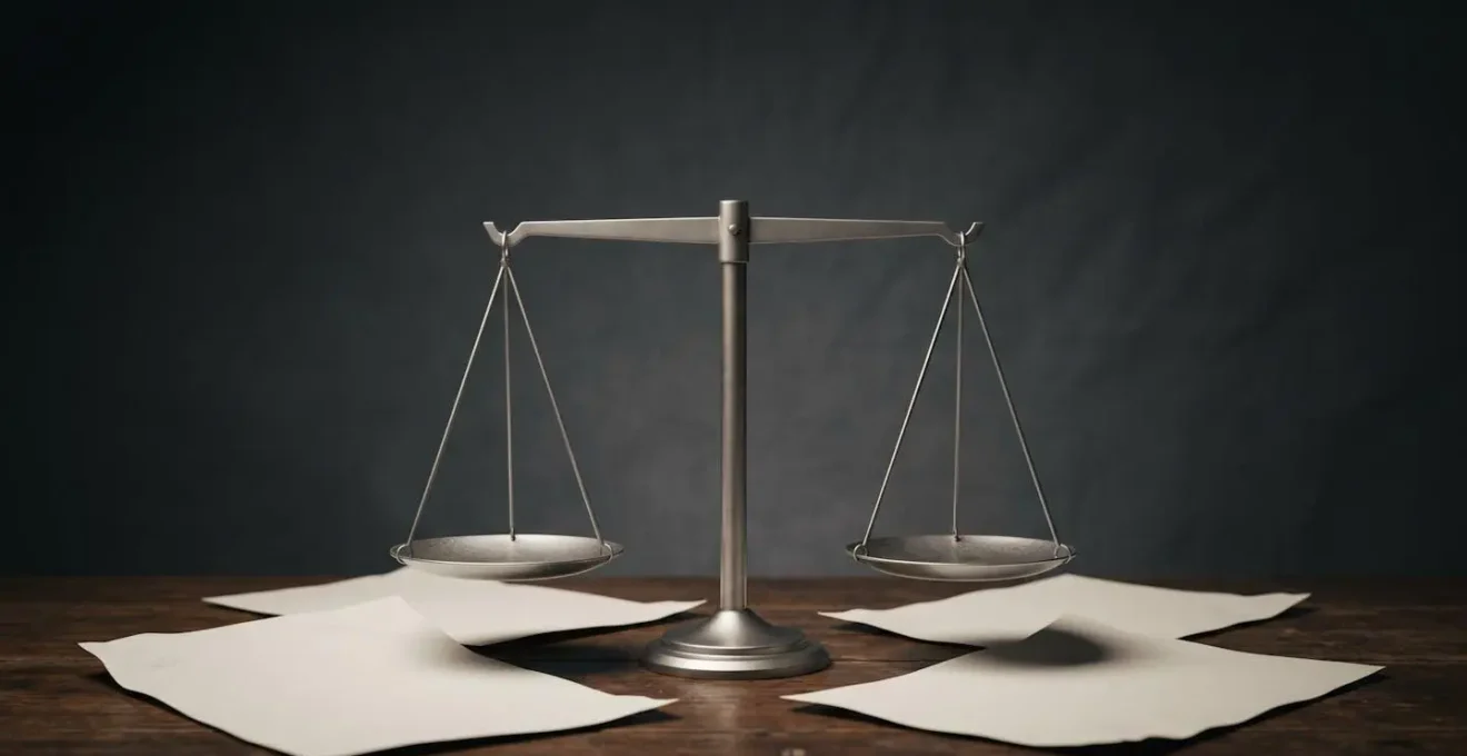 Documents officiels et balance de justice symbolisant les conséquences légales d'une fausse déclaration