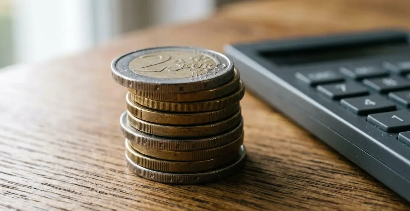 Vue macro détaillée d'une calculatrice et de pièces de monnaie sur une surface en bois avec une lumière contrôlée