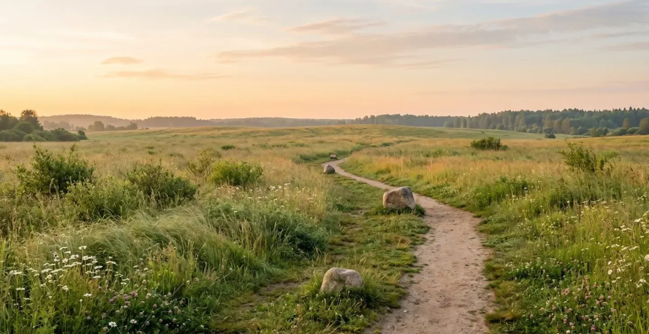 Vue environnementale et minimaliste d'un chemin naturel traversant un paysage apaisant symbolisant le passage entre générations