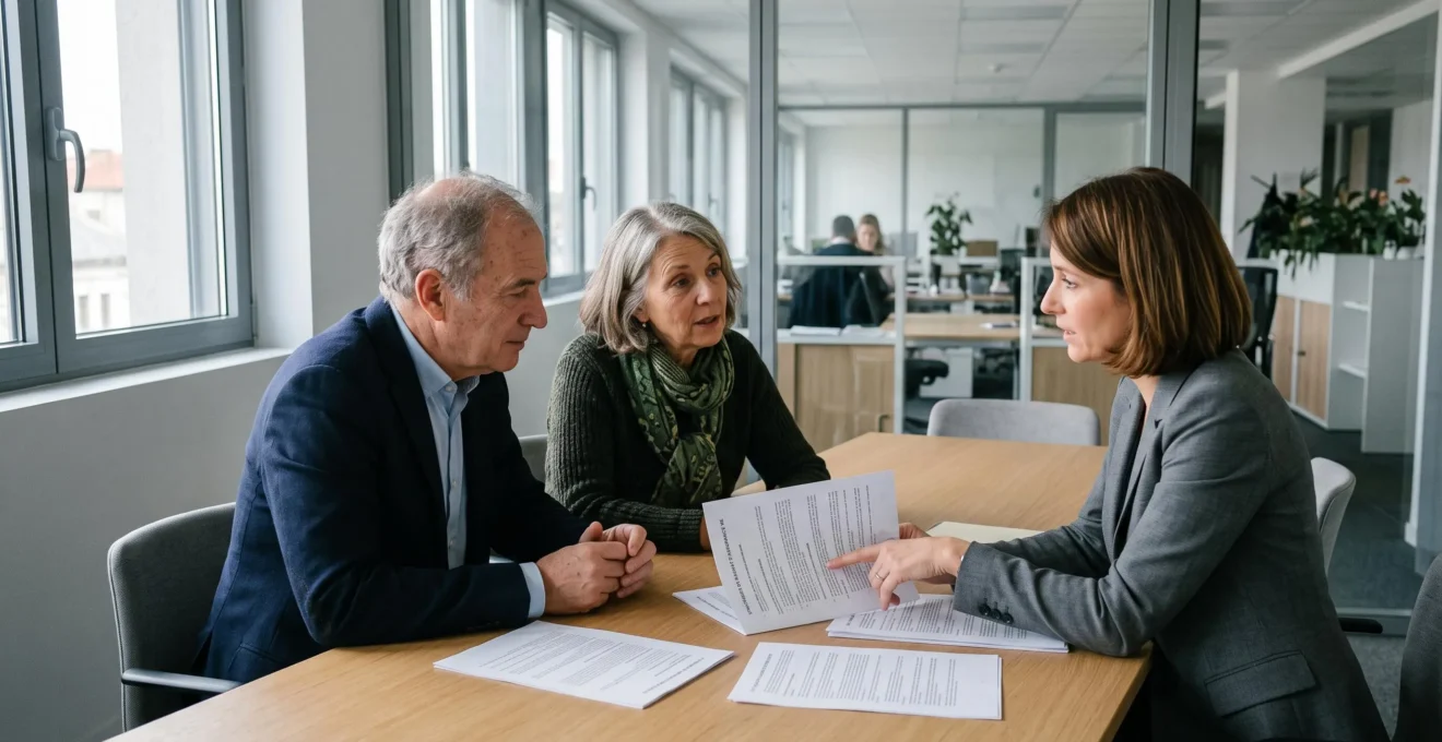 Couple de seniors en consultation avec un conseiller en gestion de patrimoine discutant de documents d'assurance vie dans un bureau professionnel