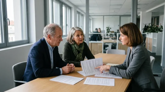 Couple de seniors en consultation avec un conseiller en gestion de patrimoine discutant de documents d'assurance vie dans un bureau professionnel