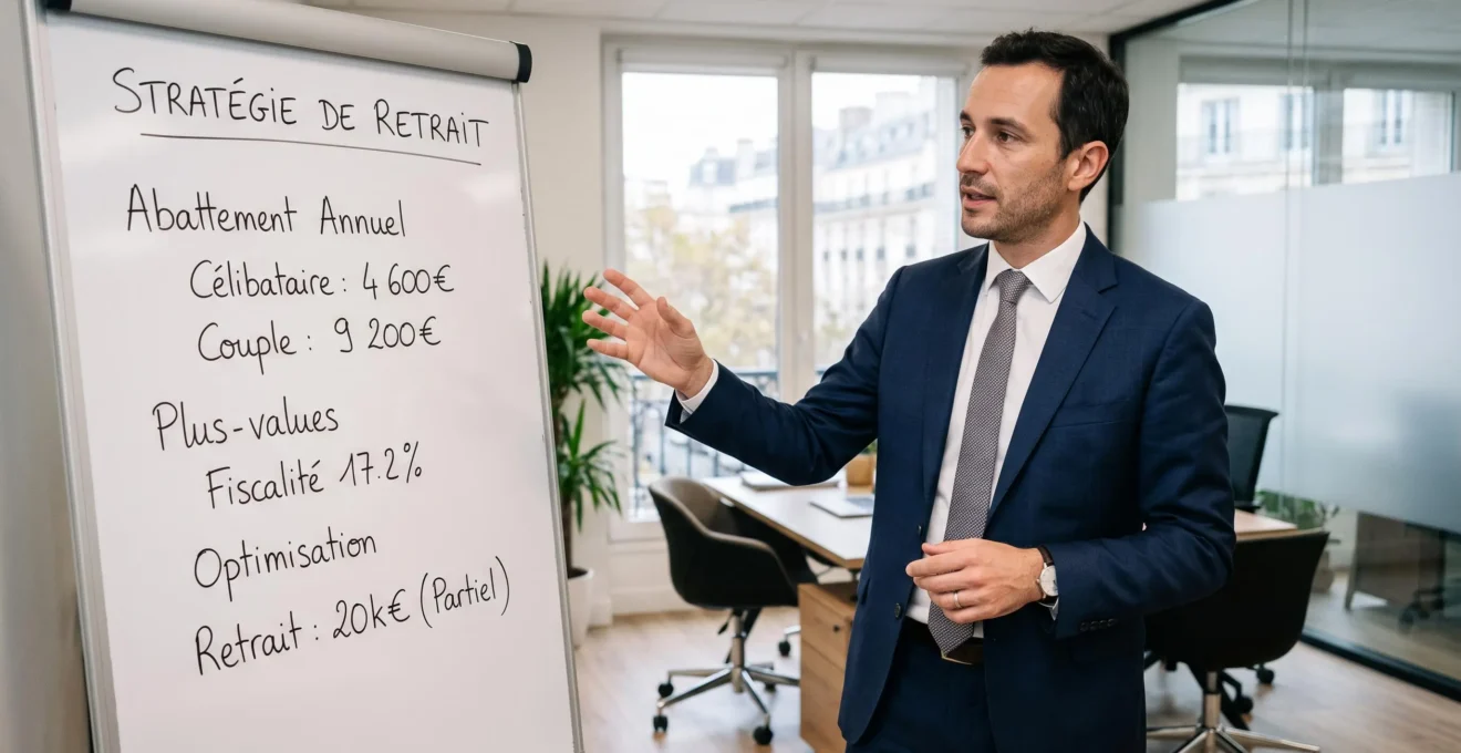 Conseiller financier debout expliquant une stratégie de rachats programmés devant un tableau blanc dans un bureau moderne