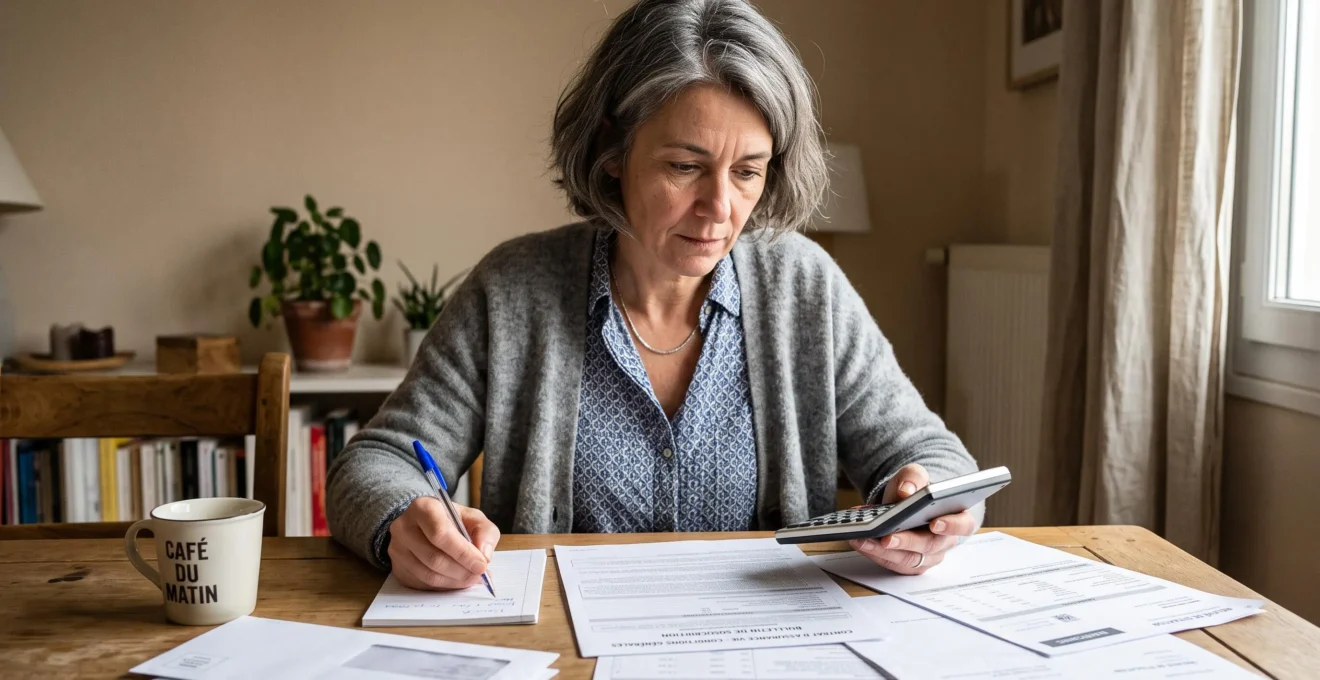 Femme d'âge mûr vérifiant ses documents d'assurance vie et effectuant des calculs à son domicile